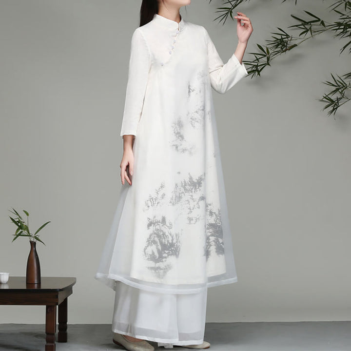 Buddha Stones Langärmliges Chiffon-Midikleid mit chinesischem Froschknopf-Design