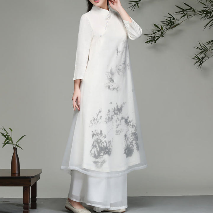 Buddha Stones Langärmliges Chiffon-Midikleid mit chinesischem Froschknopf-Design