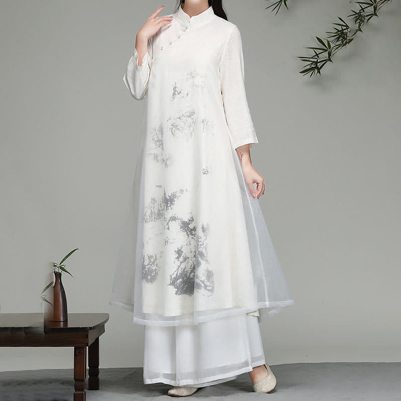 Buddha Stones Langärmliges Chiffon-Midikleid mit chinesischem Froschknopf-Design