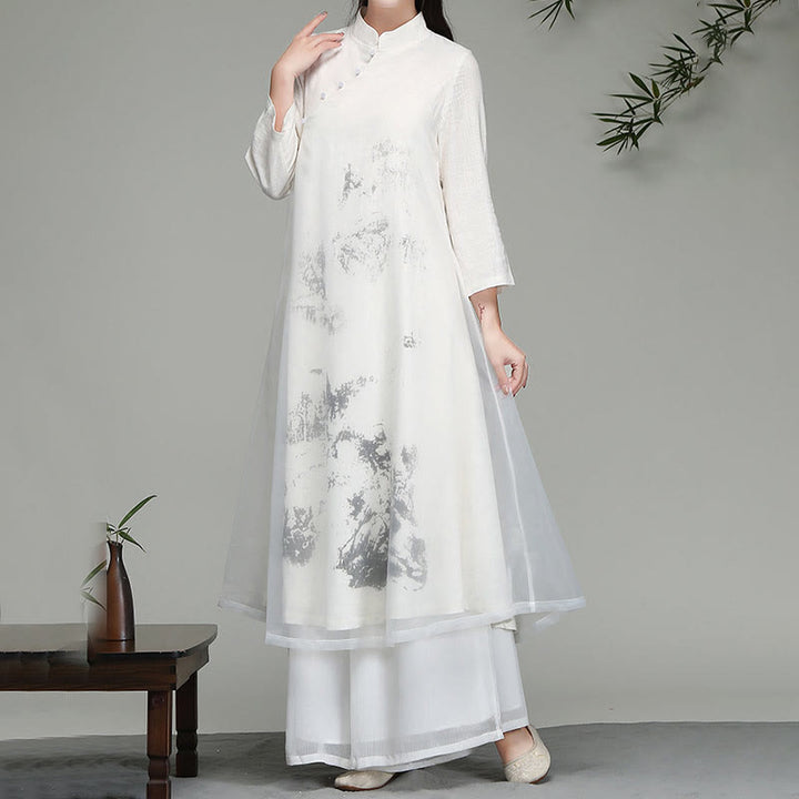 Buddha Stones Langärmliges Chiffon-Midikleid mit chinesischem Froschknopf-Design