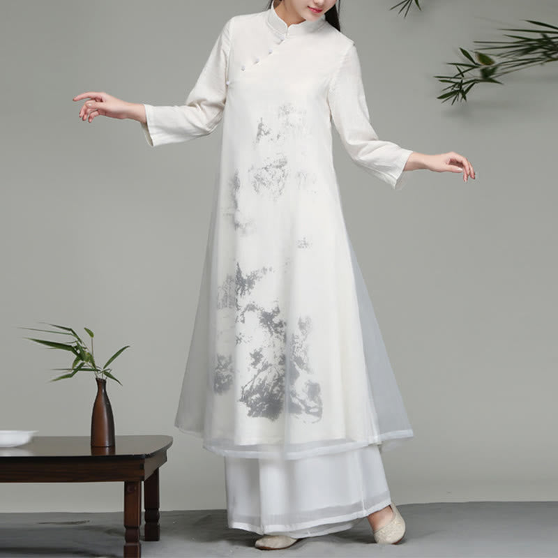 Buddha Stones Langärmliges Chiffon-Midikleid mit chinesischem Froschknopf-Design