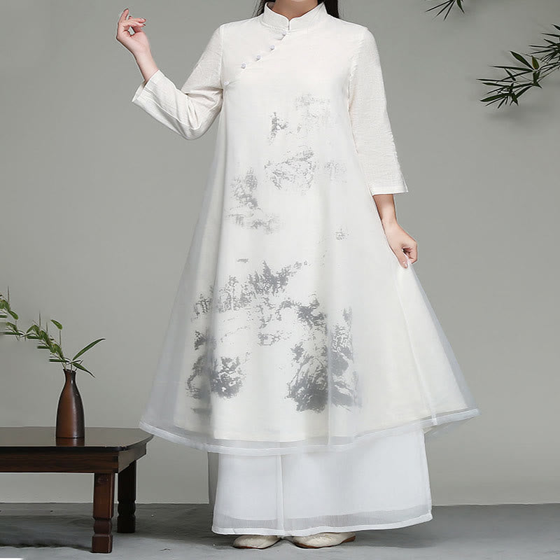 Buddha Stones Langärmliges Chiffon-Midikleid mit chinesischem Froschknopf-Design
