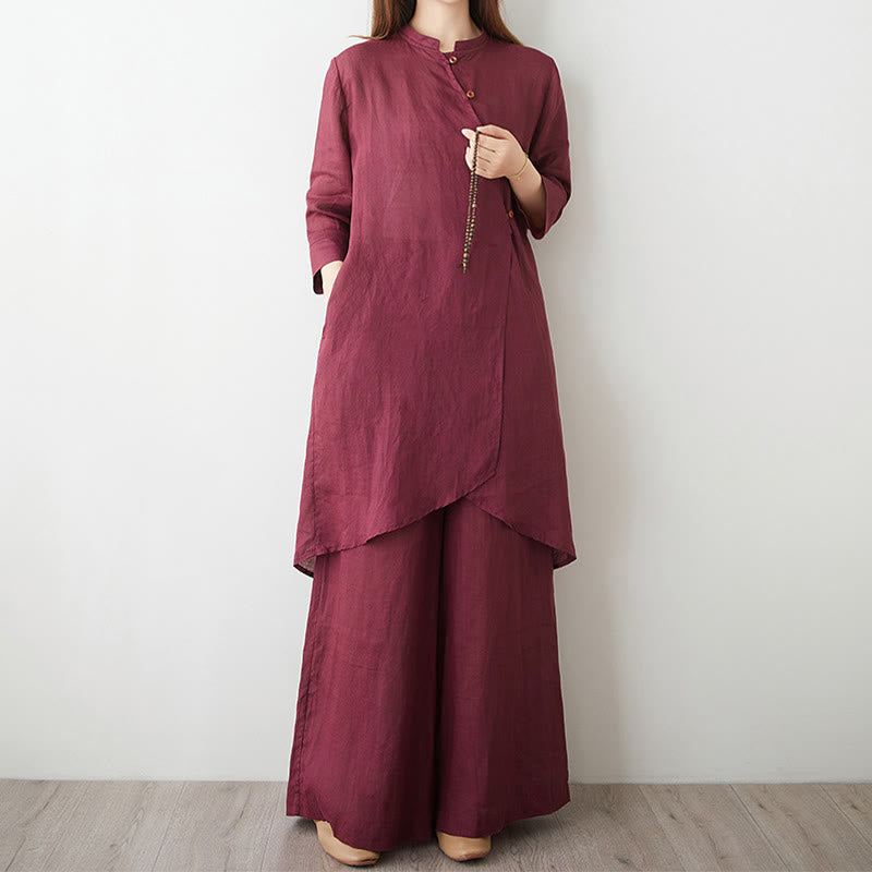 Buddha Stones 2-teiliges Set mit Dreiviertelärmeln, Hemd, Oberteil und Hose, Meditation, Zen, Tai Chi, Baumwolle und Leinen, Damen-Set - IndianRed - US8-10， UK/AU12-14，EU40-42 (2XL) - image 0