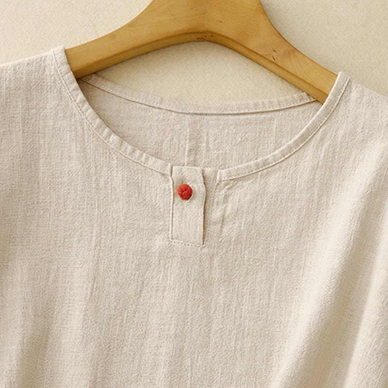 Buddha Stones Lässiges, schlichtes Damen-T-Shirt mit Rundhalsausschnitt, lockeres Halbarm-Baumwoll-Leinen - image 2