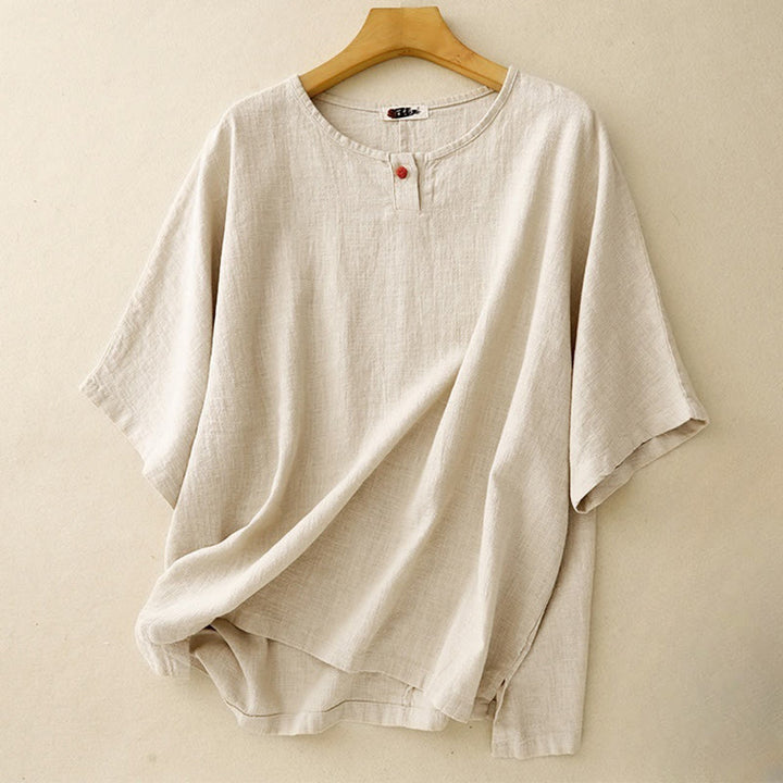 Buddha Stones Lässiges, schlichtes Damen-T-Shirt mit Rundhalsausschnitt, lockeres Halbarm-Baumwoll-Leinen