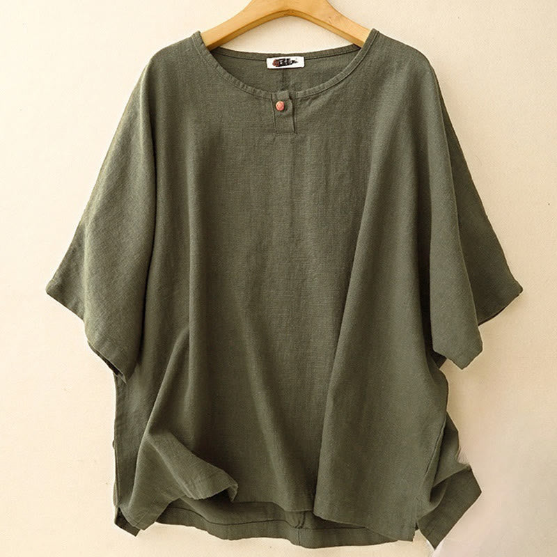 Buddha Stones Lässiges, schlichtes Damen-T-Shirt mit Rundhalsausschnitt, lockeres Halbarm-Baumwoll-Leinen
