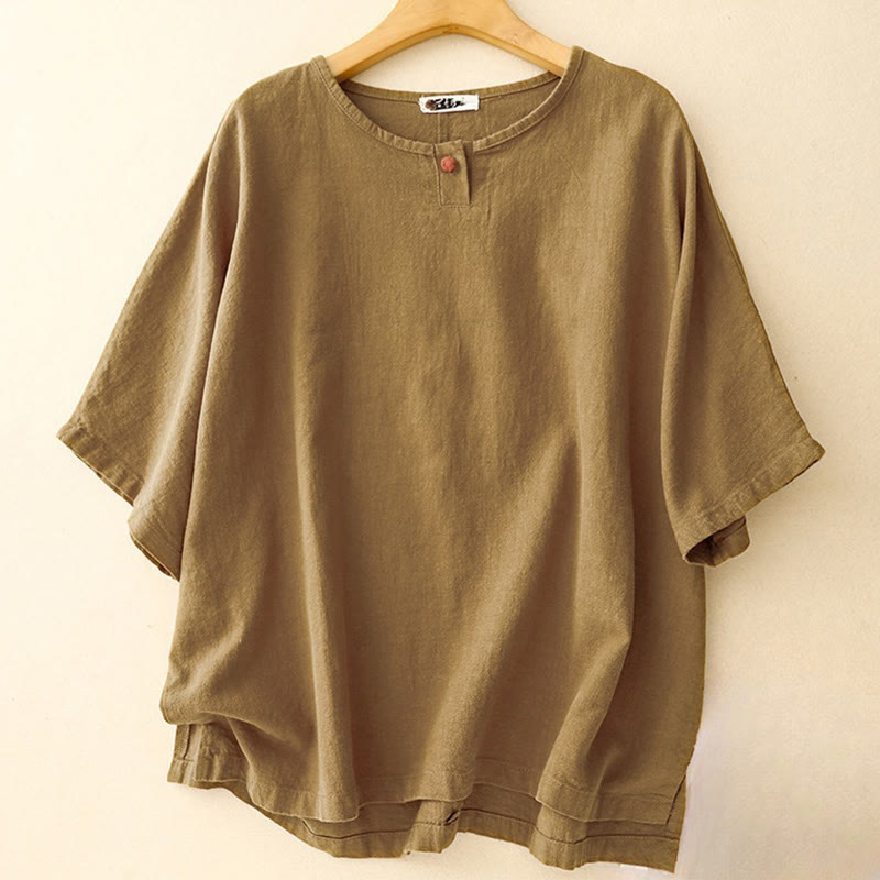 Buddha Stones Lässiges, schlichtes Damen-T-Shirt mit Rundhalsausschnitt, lockeres Halbarm-Baumwoll-Leinen