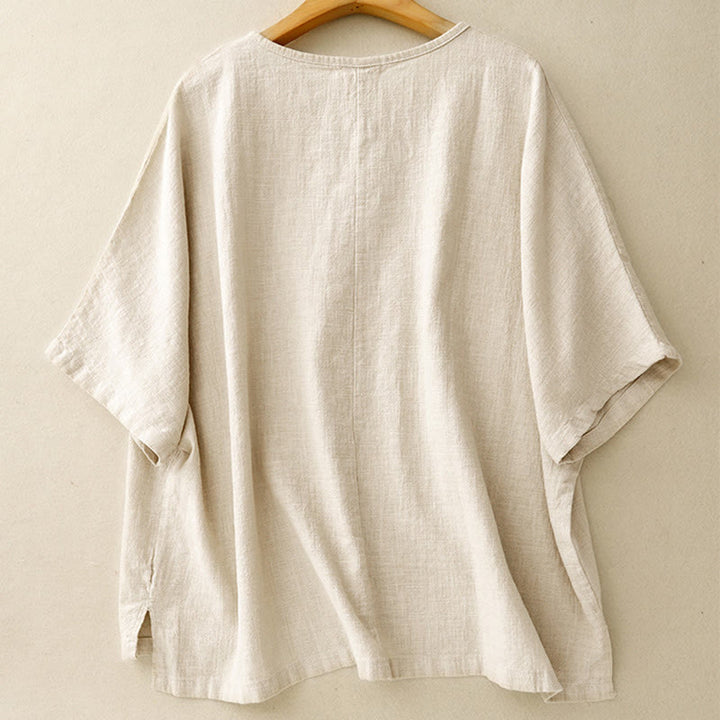 Buddha Stones Lässiges, schlichtes Damen-T-Shirt mit Rundhalsausschnitt, lockeres Halbarm-Baumwoll-Leinen - image 1