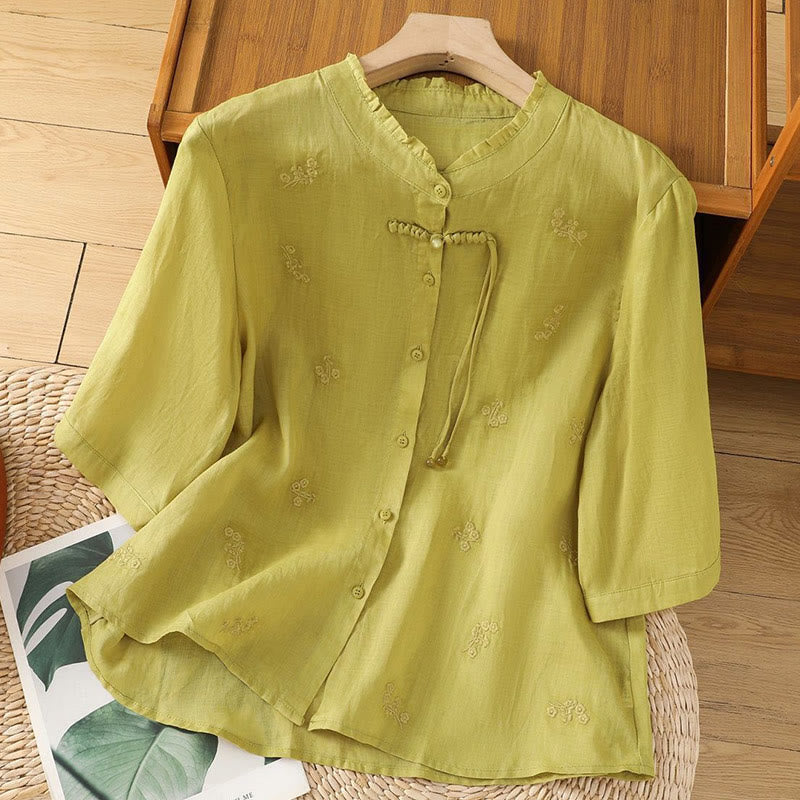Buddha Stones Lässiges Damenhemd aus Baumwolle mit Blumenstickerei und Knopfleiste, Dreiviertelärmel - Khaki - US12, UK/AU16, EU44 (3XL) - image 0