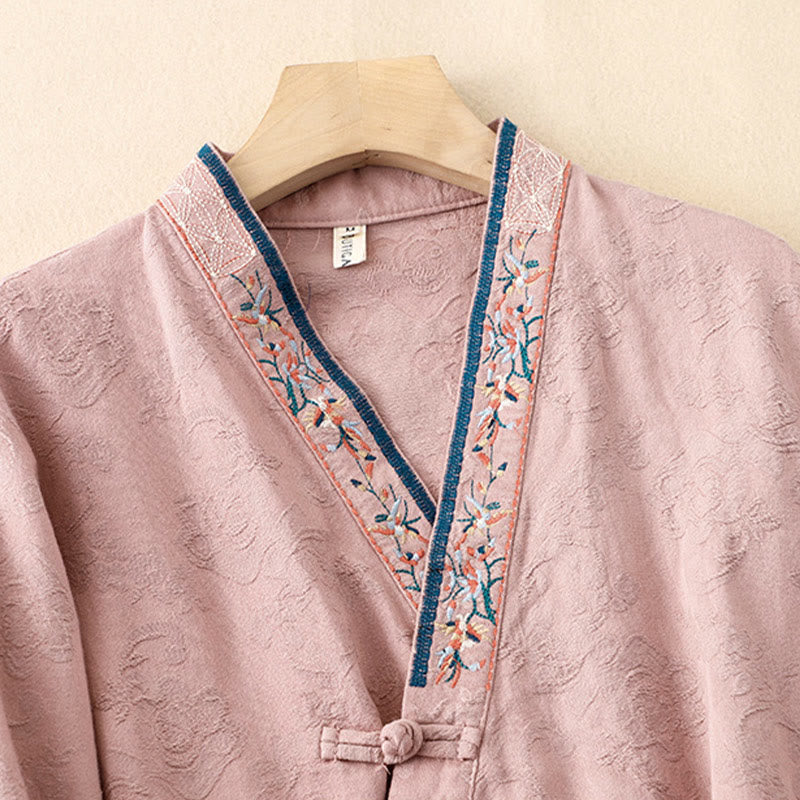 Buddha Stones ​​Bestickte Blumen Gras Frosch-Knopf Langarm Baumwolle Damen Shirt - image 4