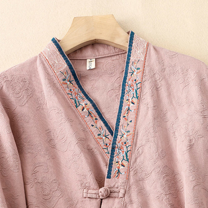 Buddha Stones ​​Bestickte Blumen Gras Frosch-Knopf Langarm Baumwolle Damen Shirt - image 4