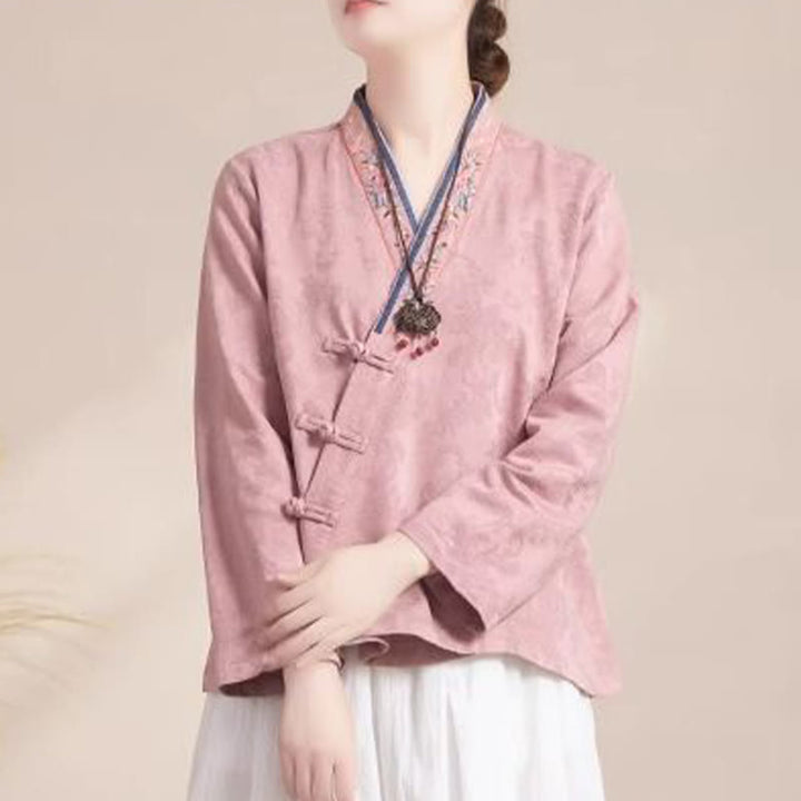 Buddha Stones ​​Bestickte Blumen Gras Frosch-Knopf Langarm Baumwolle Damen Shirt - Rosa - US12， UK/AU16，EU44 (3XL) - image 0