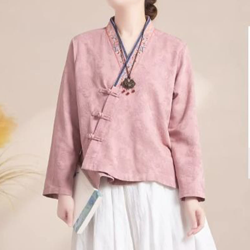 Buddha Stones ​​Bestickte Blumen Gras Frosch-Knopf Langarm Baumwolle Damen Shirt - image 2