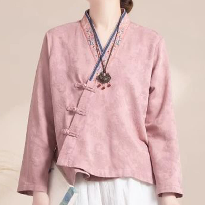 Buddha Stones ​​Bestickte Blumen Gras Frosch-Knopf Langarm Baumwolle Damen Shirt - image 5