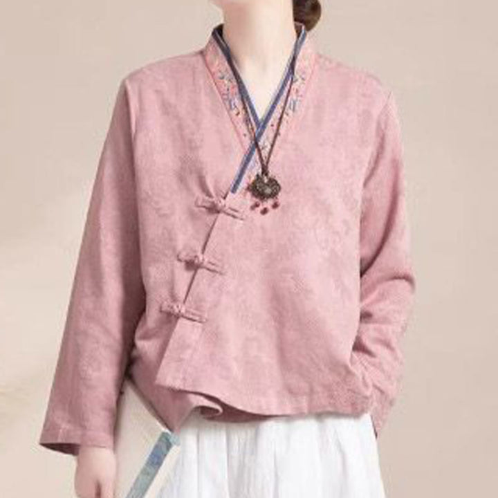 Buddha Stones ​​Bestickte Blumen Gras Frosch-Knopf Langarm Baumwolle Damen Shirt - image 1