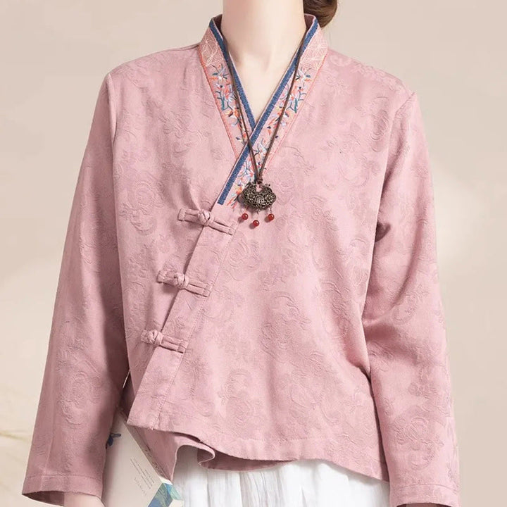 Buddha Stones ​​Bestickte Blumen Gras Frosch-Knopf Langarm Baumwolle Damen Shirt - image 3