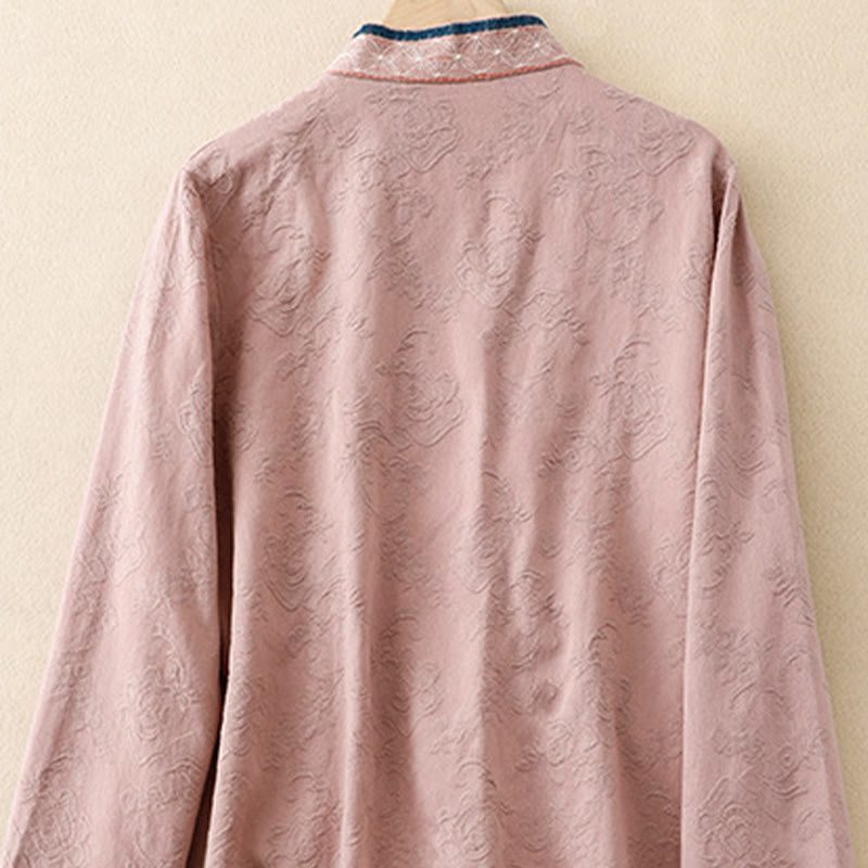 Buddha Stones ​​Bestickte Blumen Gras Frosch-Knopf Langarm Baumwolle Damen Shirt - image 8
