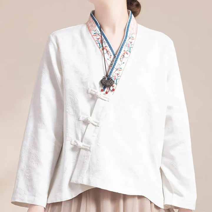 Buddha Stones ​​Bestickte Blumen Gras Frosch-Knopf Langarm Baumwolle Damen Shirt - image 16