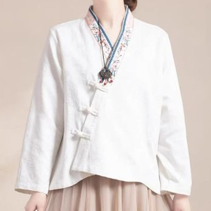 Buddha Stones ​​Bestickte Blumen Gras Frosch-Knopf Langarm Baumwolle Damen Shirt - image 15