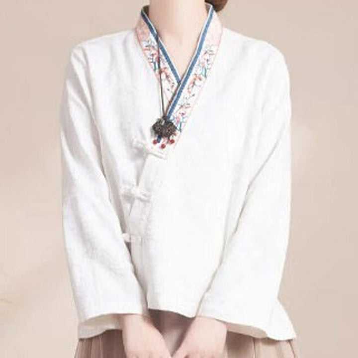 Buddha Stones ​​Bestickte Blumen Gras Frosch-Knopf Langarm Baumwolle Damen Shirt - image 14