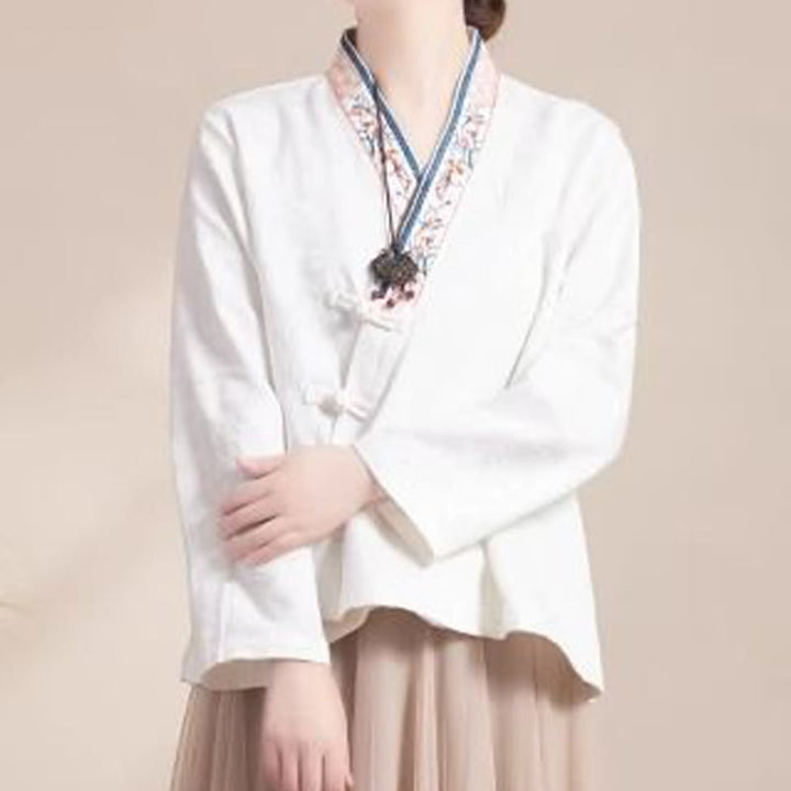 Buddha Stones ​​Bestickte Blumen Gras Frosch-Knopf Langarm Baumwolle Damen Shirt - Weiß - US12， UK/AU16，EU44 (3XL) - image 13