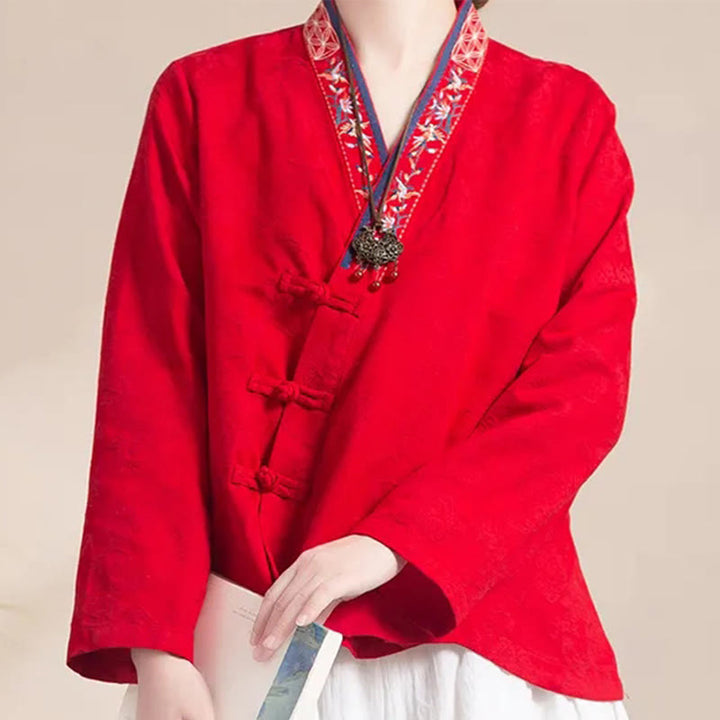 Buddha Stones ​​Bestickte Blumen Gras Frosch-Knopf Langarm Baumwolle Damen Shirt - image 19