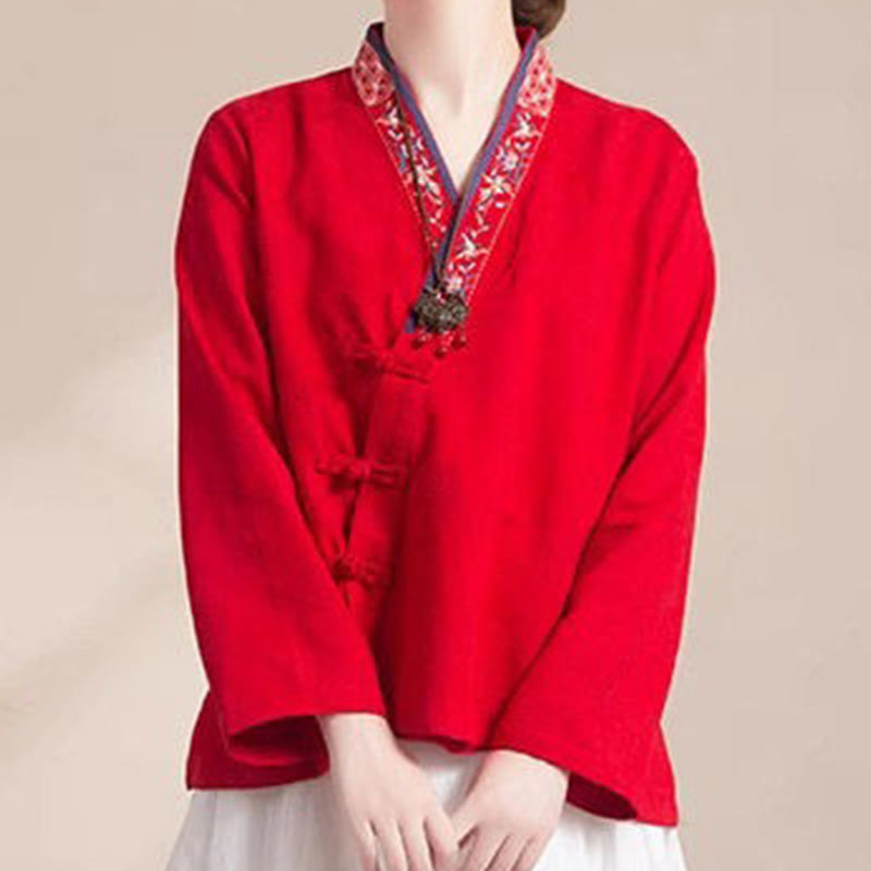 Buddha Stones ​​Bestickte Blumen Gras Frosch-Knopf Langarm Baumwolle Damen Shirt - image 18