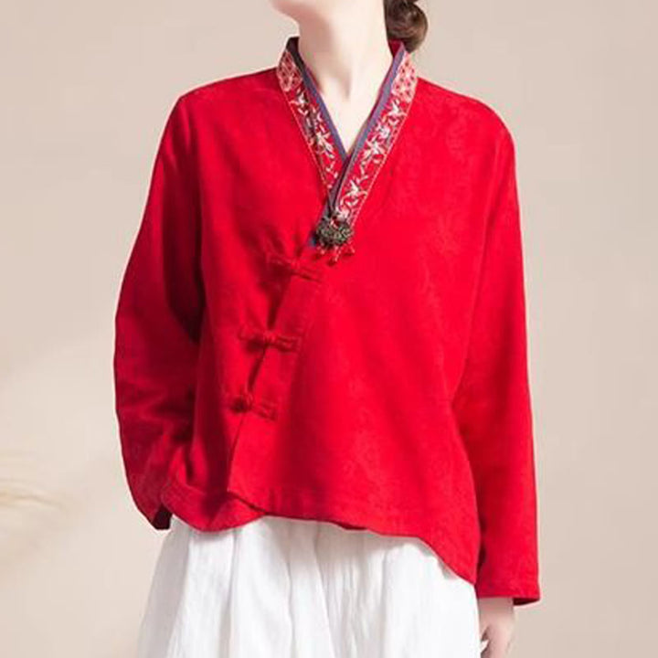 Buddha Stones ​​Bestickte Blumen Gras Frosch-Knopf Langarm Baumwolle Damen Shirt - Rot - US12， UK/AU16，EU44 (3XL) - image 17