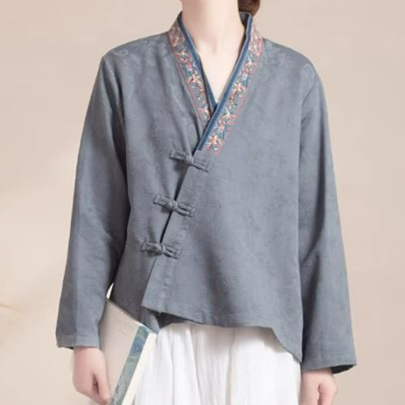 Buddha Stones ​​Bestickte Blumen Gras Frosch-Knopf Langarm Baumwolle Damen Shirt - image 22