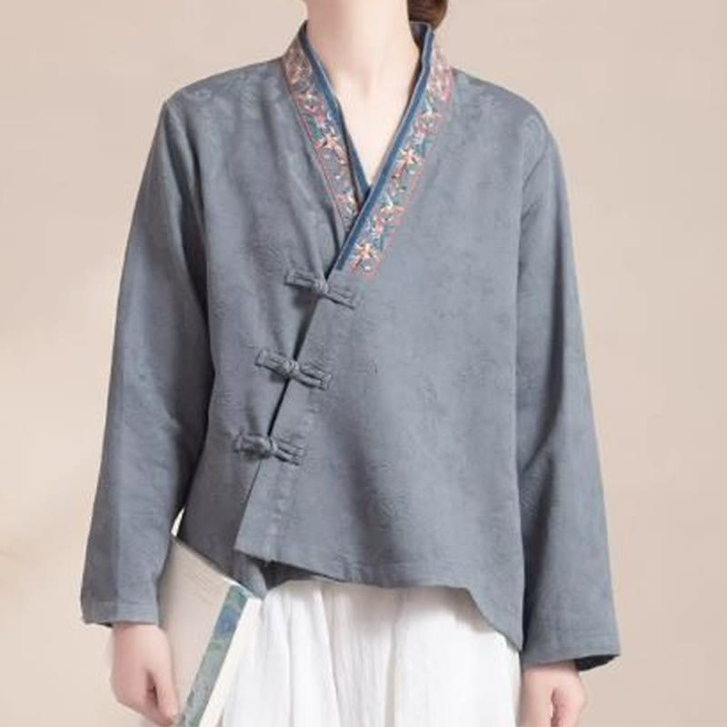 Buddha Stones ​​Bestickte Blumen Gras Frosch-Knopf Langarm Baumwolle Damen Shirt - Grau - US12， UK/AU16，EU44 (3XL) - image 20