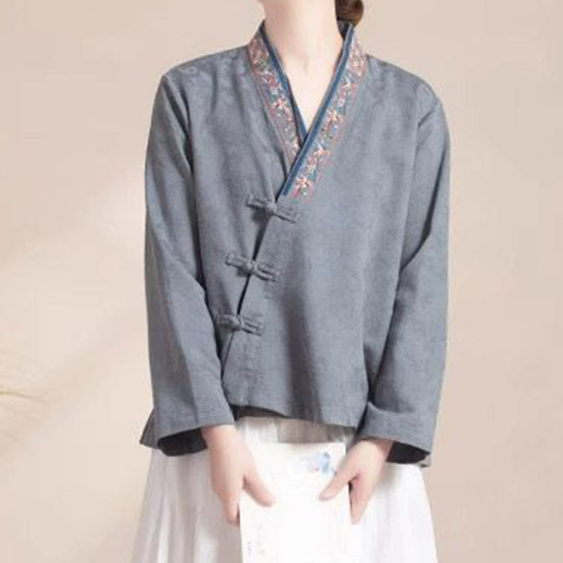 Buddha Stones ​​Bestickte Blumen Gras Frosch-Knopf Langarm Baumwolle Damen Shirt - image 21