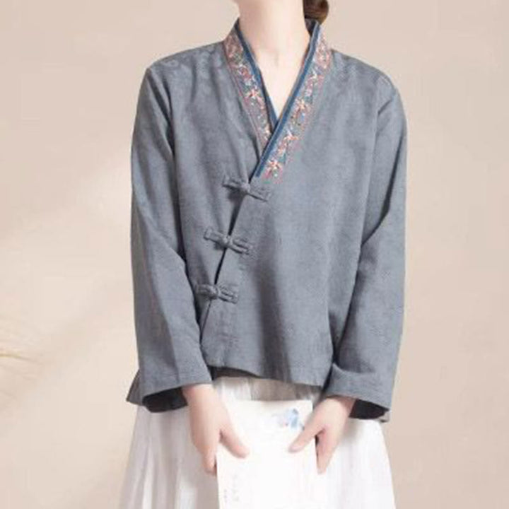 Buddha Stones ​​Bestickte Blumen Gras Frosch-Knopf Langarm Baumwolle Damen Shirt - image 21