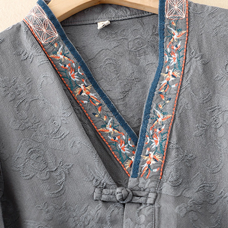 Buddha Stones ​​Bestickte Blumen Gras Frosch-Knopf Langarm Baumwolle Damen Shirt - image 27