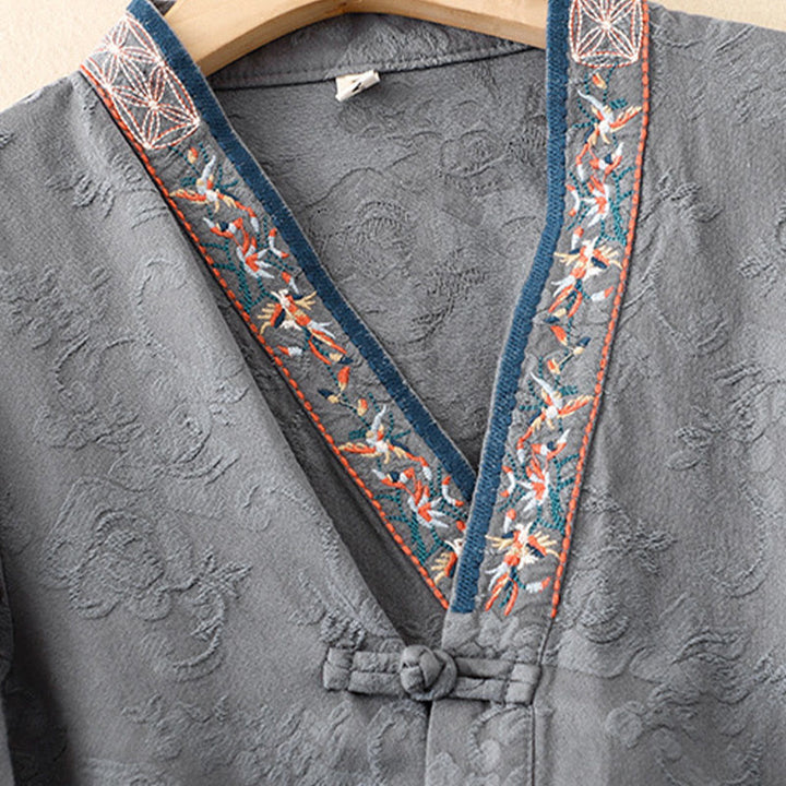 Buddha Stones ​​Bestickte Blumen Gras Frosch-Knopf Langarm Baumwolle Damen Shirt - image 27