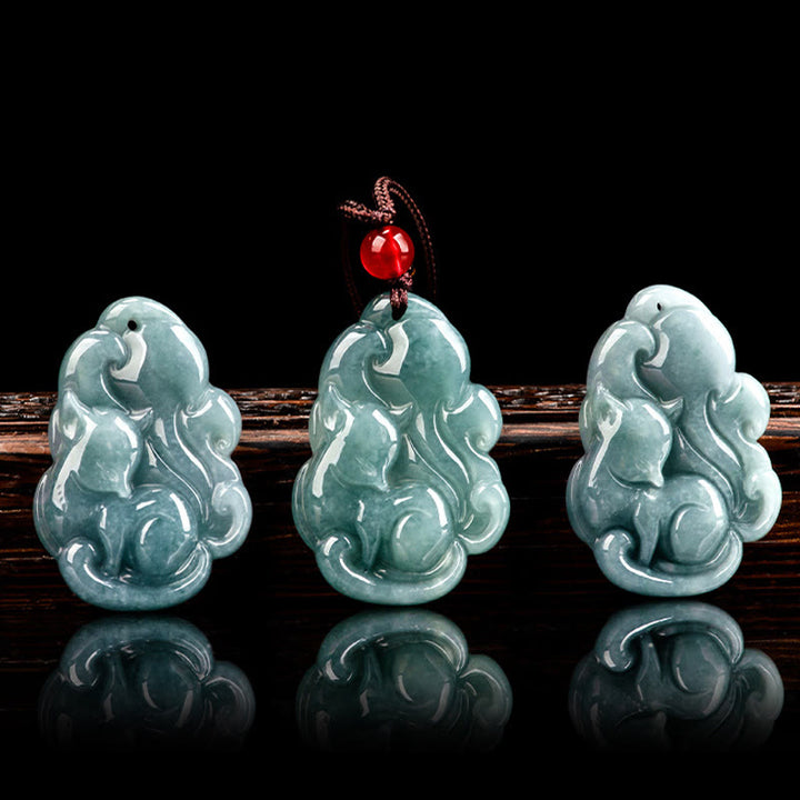 Buddha Stones Halskette mit Anhänger aus natürlicher grüner Jade mit neunschwänzigem Fuchs und Fee