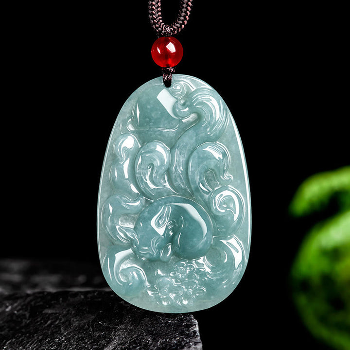 Buddha Stones Natürliche grüne Jade Neunschwänziger Fuchs Blumen Glück Halskette Anhänger