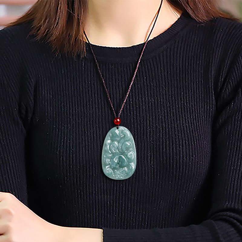 Buddha Stones Natürliche grüne Jade Neunschwänziger Fuchs Blumen Glück Halskette Anhänger