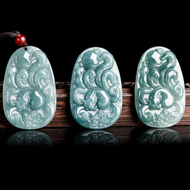 Buddha Stones Natürliche grüne Jade Neunschwänziger Fuchs Blumen Glück Halskette Anhänger