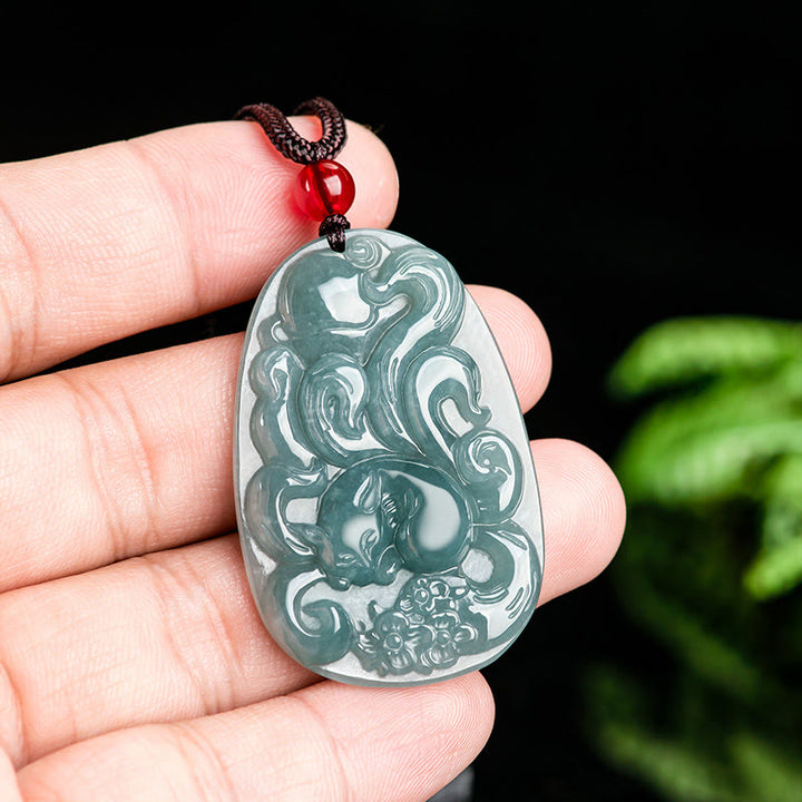 Buddha Stones Natürliche grüne Jade Neunschwänziger Fuchs Blumen Glück Halskette Anhänger