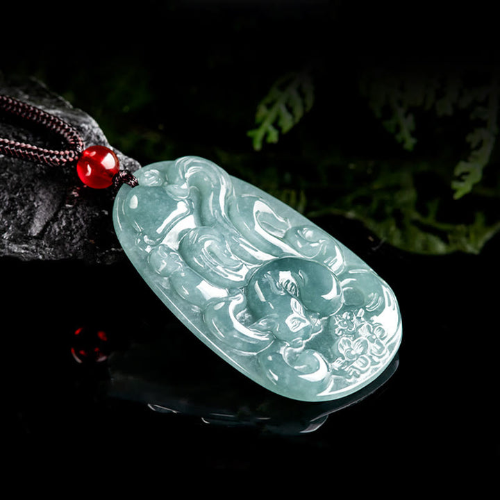 Buddha Stones Natürliche grüne Jade Neunschwänziger Fuchs Blumen Glück Halskette Anhänger