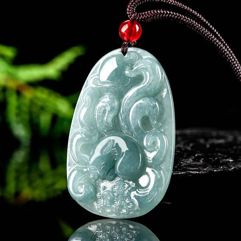Buddha Stones Natürliche grüne Jade Neunschwänziger Fuchs Blumen Glück Halskette Anhänger