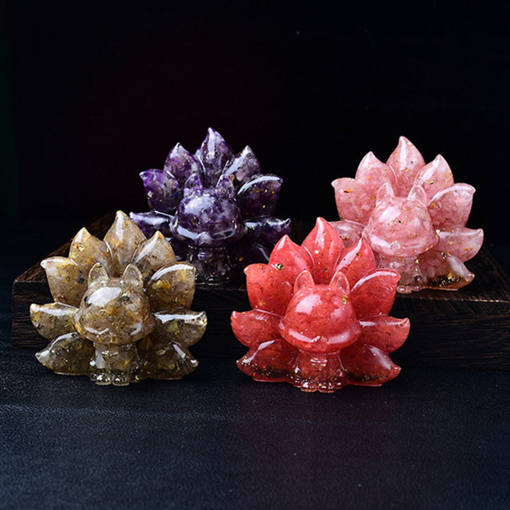 Buddha Stones, klein, verschiedene Steine, rosa Kristall, Citrin, Amethyst, neunschwänziger Fuchs, Wärme, Heimdekoration