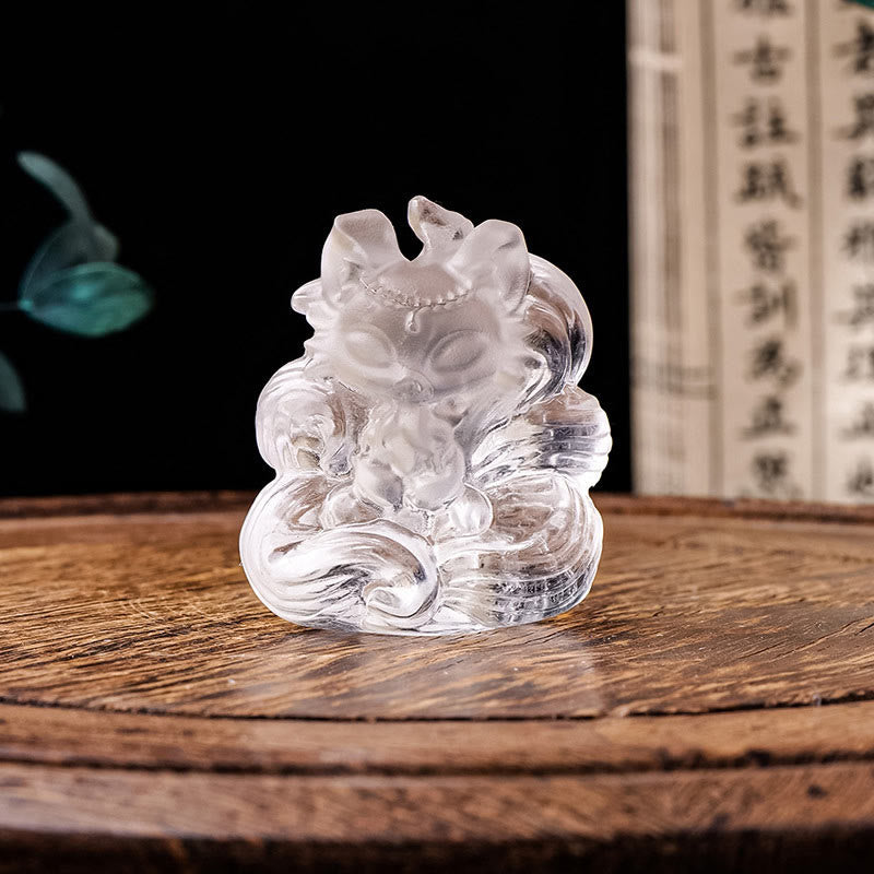 Buddha Stones, natürlicher weißer Kristall, Mini, kleiner neunschwänziger Fuchs, geschnitzt, Heilung, Heimdekoration