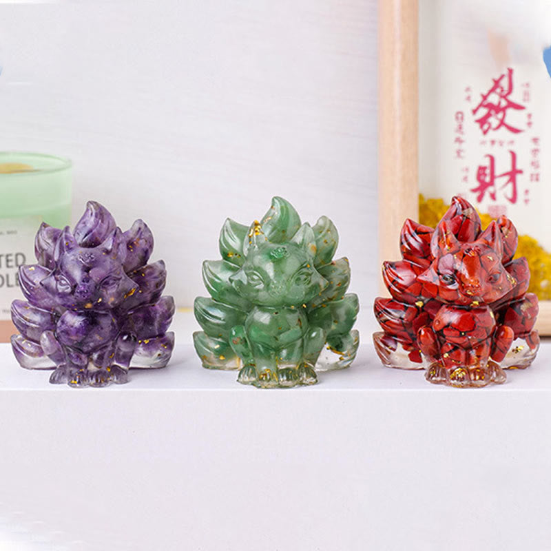 Buddha Stones, klein, verschiedene Steine, Erdbeerquarz, Amethyst, grüner Aventurin, neunschwänziger Fuchs, Heilung, Heimdekoration