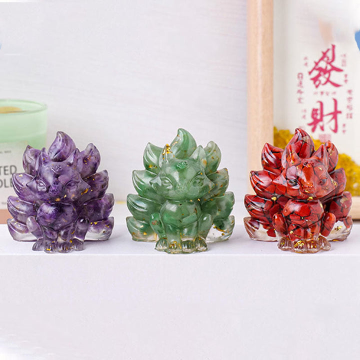 Buddha Stones, klein, verschiedene Steine, Erdbeerquarz, Amethyst, grüner Aventurin, neunschwänziger Fuchs, Heilung, Heimdekoration