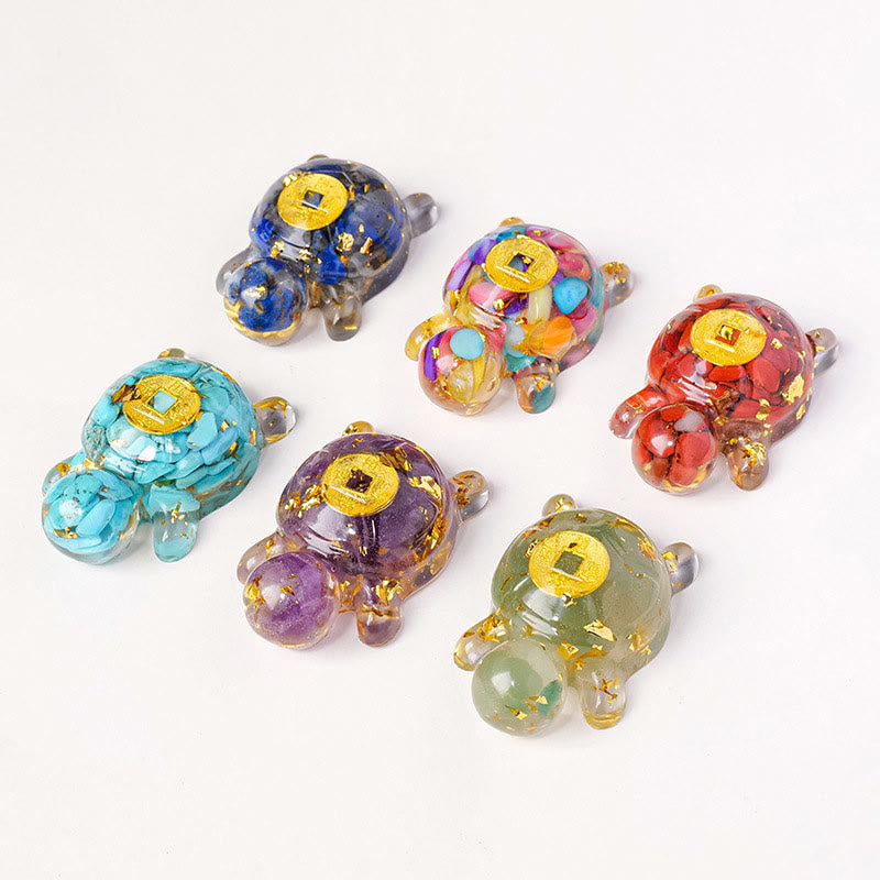 Buddha Stones, klein, verschiedene Kristalle, grüner Aventurin, Amethyst, Schildkröte, Kupfermünzen, Glück, Heimdekoration