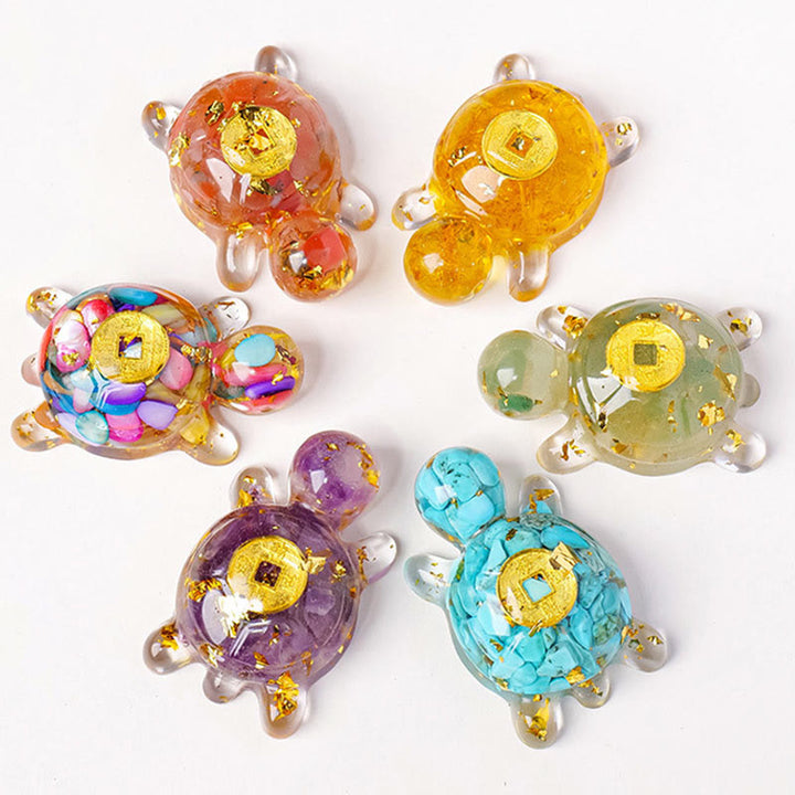 Buddha Stones, klein, verschiedene Kristalle, grüner Aventurin, Amethyst, Schildkröte, Kupfermünzen, Glück, Heimdekoration