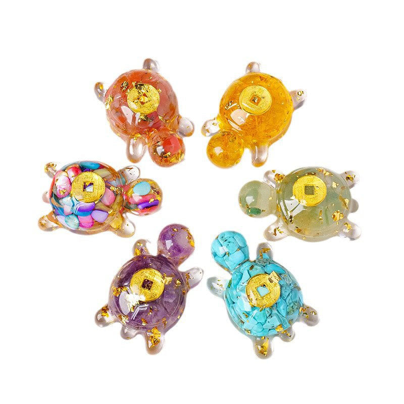 Buddha Stones, klein, verschiedene Kristalle, grüner Aventurin, Amethyst, Schildkröte, Kupfermünzen, Glück, Heimdekoration