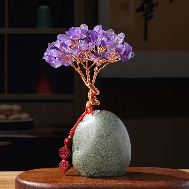 Buddha Stones , Citrin, Amethyst, Aventurin, Kristallbaum, Keramiksockel, Wohlstand, Heimdekoration