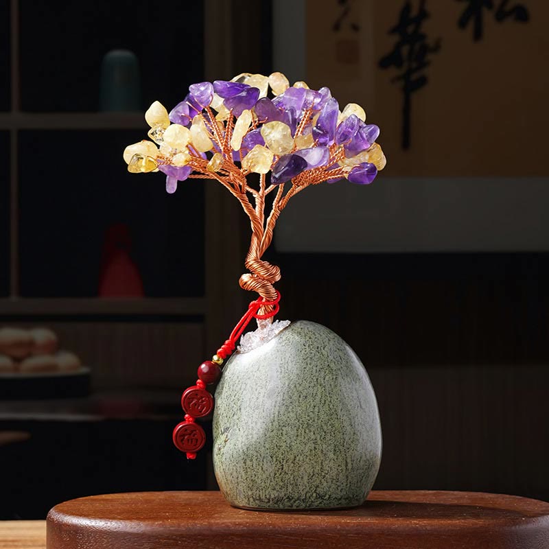 Buddha Stones , Citrin, Amethyst, Aventurin, Kristallbaum, Keramiksockel, Wohlstand, Heimdekoration